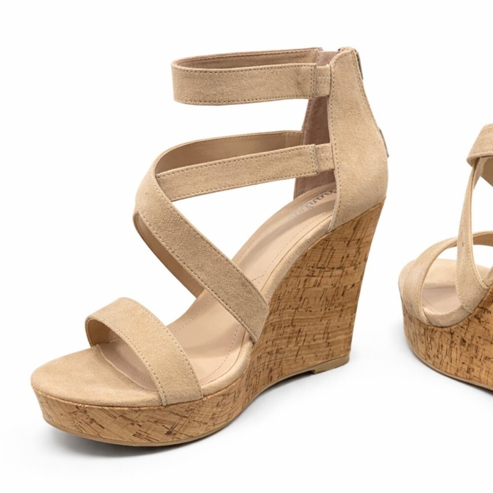Charles by Charles David Alexa Nude Microsuede Cork Wedge Sandals 9M NEW w/ Box